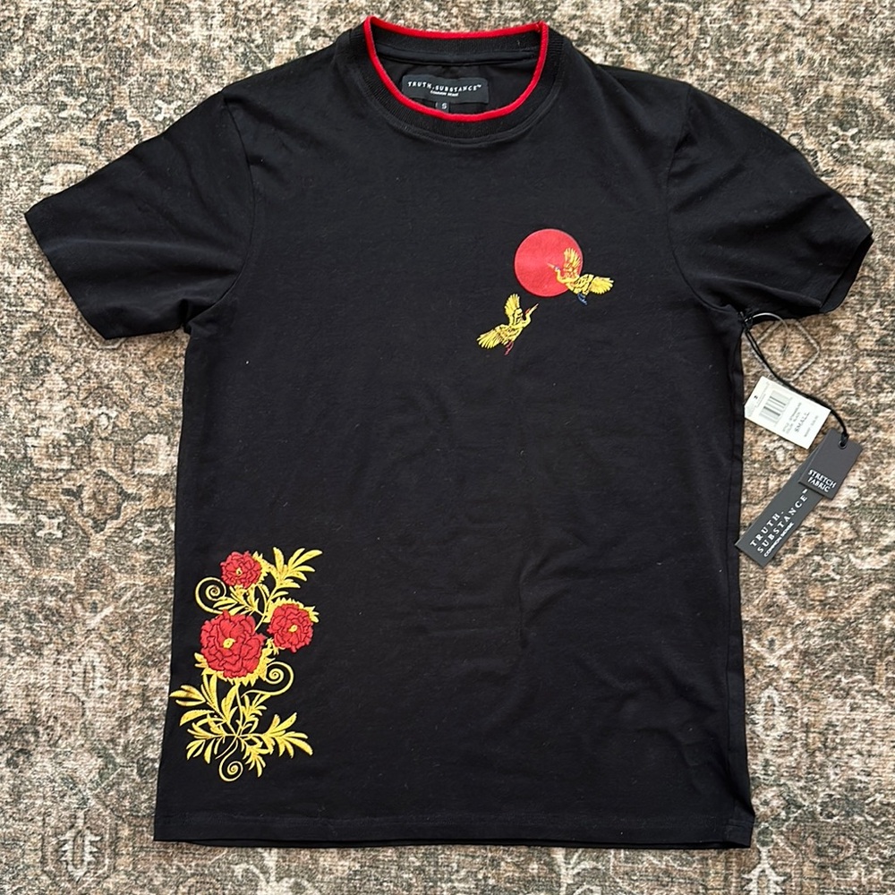 Truth Substance Men's Black T-Shirt with Red and Yellow Floral Design